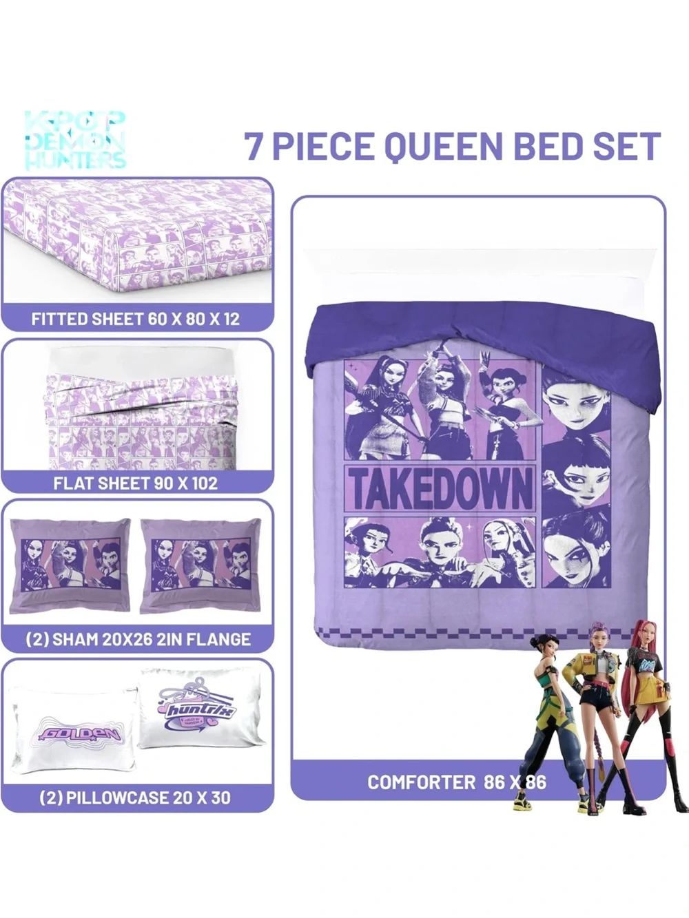 KPOP Demon Hunters Queen Comforter Set 7 Piece Kids Cartoon Bedding, Purple NWOT